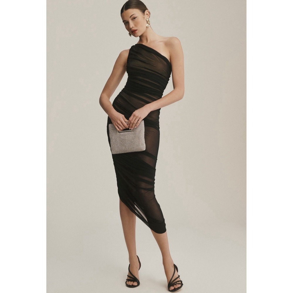 Norma Kamali Diana Gown Womens Size M/38 Black Mesh Ruched Cocktail Formal Dress